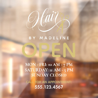 Swirly White Text Scissors Hair Salon Open Hours Fensteraufkleber