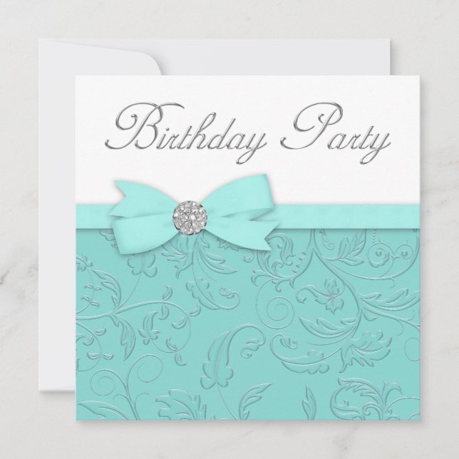 Swirt Vines Aquamarin Blue Birthday Party Einladung (Vorderseite)