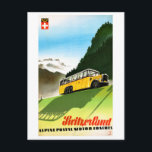 Swiss Vintage Travel Poster - Wiederherstellung Postkarte<br><div class="desc">Das restaurierte und digital verbesserte Reiseplakat zeigt Schweizer Berge und einen Bus mit Touristen. Unvollkommenheiten beseitigt. Farben korrigiert.</div>