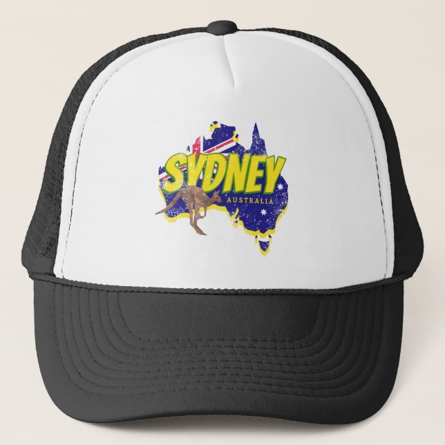 Sydney Australia Retro Kangaroo und Flag Vintag Truckerkappe (Vorderseite)