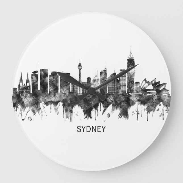 Sydney Australia Skyline BW Große Wanduhr (Vorderseite)