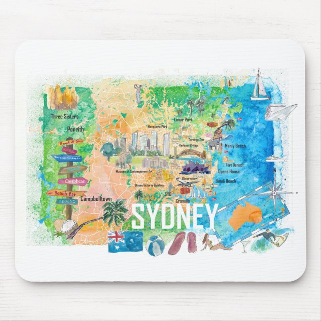 Sydney Australien Illustrierte Karte mit Sehenswür Mousepad (Vorne)