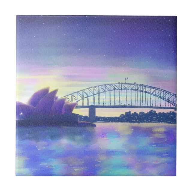 Sydney Harbour Wasserfarbe Lila Sunset Fliese (Vorderseite)