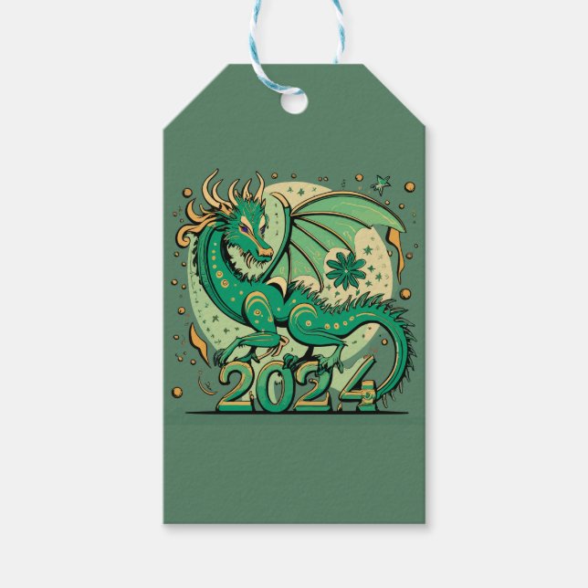 Symbol 2024 Neues Jahr, Grüner Holzdrache Geschenkanhänger (Vorderseite)