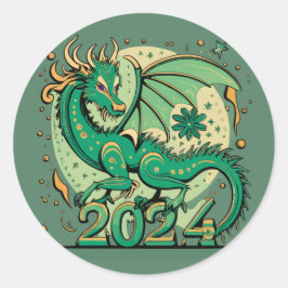 Symbol 2024 Neues Jahr, Grüner Holzdrache Runder Aufkleber