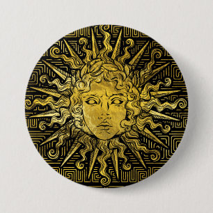Symbol Apollo Sun auf griechischem Schlüsselmuste Button