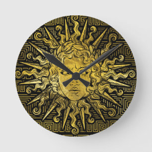 Symbol Apollo Sun auf griechischem Schlüsselmuste Runde Wanduhr