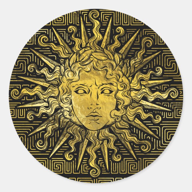 Symbol Apollo Sun auf griechischem Schlüsselmuster Runder Aufkleber (Vorderseite)