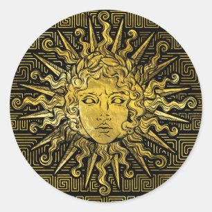 Symbol Apollo Sun auf griechischem Schlüsselmuster Runder Aufkleber
