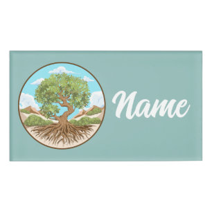 Symbol für den Frieden mit Olivenbaum in einem fre Namenschild