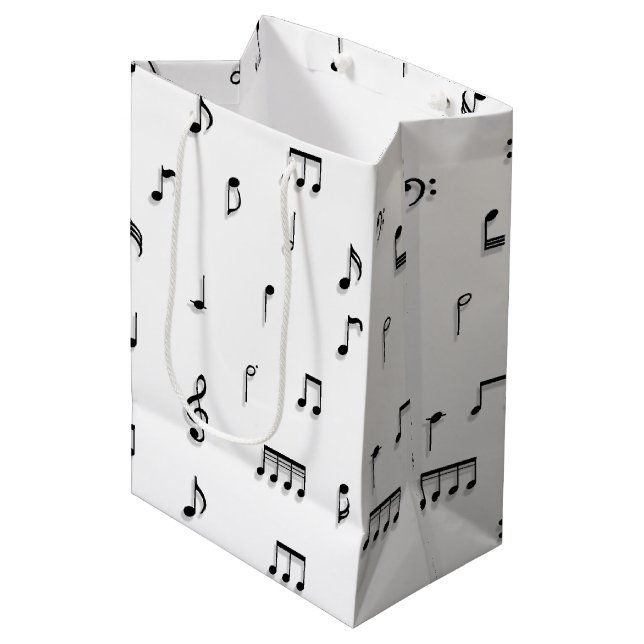 Symbol-Muster für schwarze und weiße Noten Mittlere Geschenktüte (Vorderseite Schrägansicht)