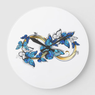 Symbol Unendlichkeit von blauen Morpho-Schmetterli Große Wanduhr