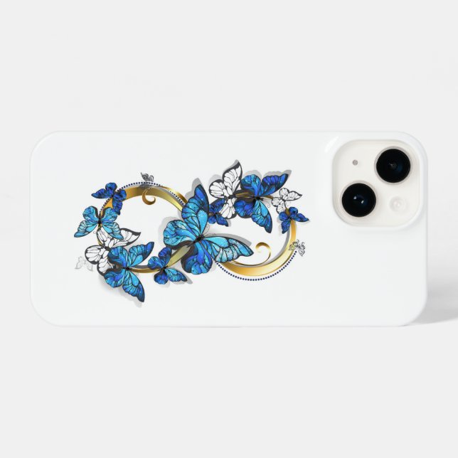 Symbol Unendlichkeit von blauen Morpho-Schmetterli iPhone 14 Hülle (Rückseite (Horizontal))