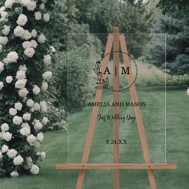 SYMBOLE ACRÉS Mariage DE MONogramme Floral Minimal (Minimal Floral Monogram Black and Clear Acrylic Wedding Sign)