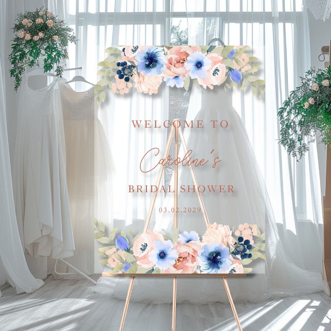 SYMBOLE ACrylique (Peach-Blue Floral, Bridal shower acrylic sign with your name and date-)