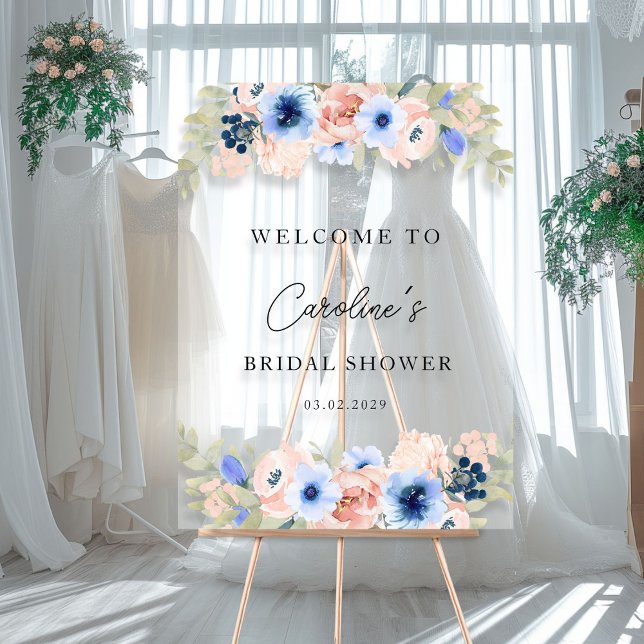 SYMBOLE ACrylique (Peach-Blue Floral, Bridal shower acrylic sign with your name and date-)