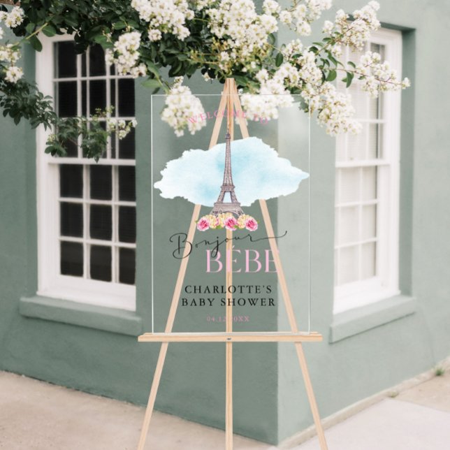SYMBOLE ACrylique de bienvenue de bébé Tour Eiffel (Eiffel Tower Bonjour Baby Welcome Acrylic Sign)