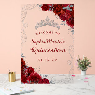 Symbole acrylique de Quinceanera Floral Argent Rou