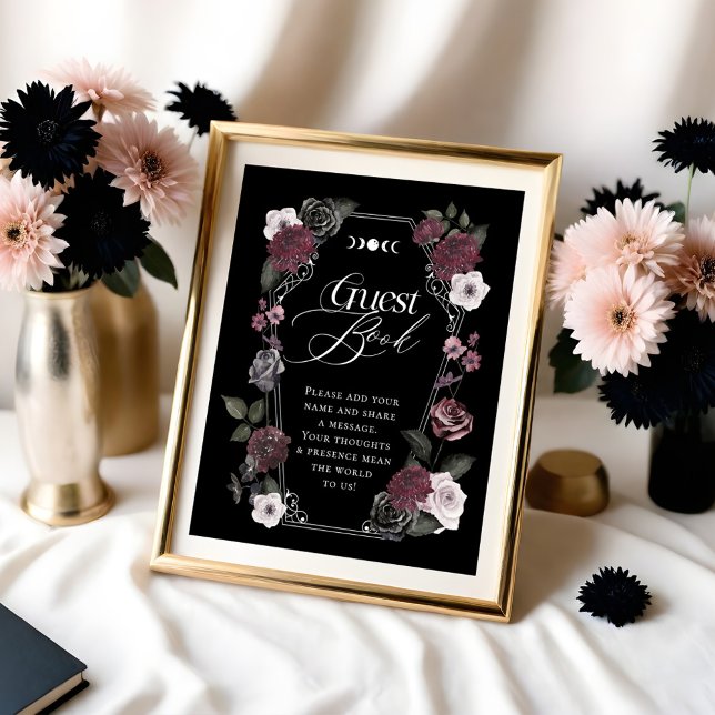 Symbole gothique noir florale livre d'or (Gothic Black Watercolor Florals Guest Book Sign)