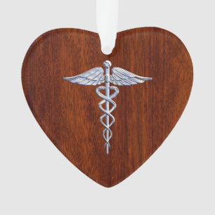 Symbole Médicale Silver Caduceus Décor en acajou