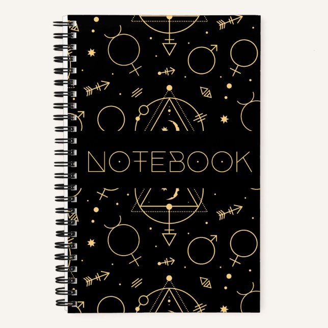 Symbole Mystischer Schwarzer Boho Notizbuch (Vorderseite)