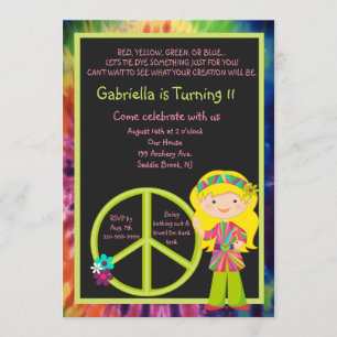 SYMBOLE Tie Dye Hippie Girl & Peace Invitation d'a