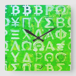 Symbole von Bitcoin (Heller Profit Grün - 7) Quadratische Wanduhr