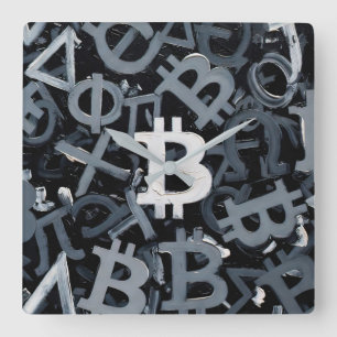 Symbole von Bitcoin (Stil: 3) Quadratische Wanduhr