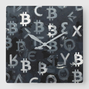 Symbole von Bitcoin (Stil: 7) Quadratische Wanduhr