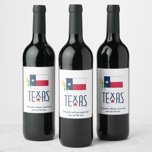 Symbole von Texas, Texas und Gelb Rose Weinetikett (Flaschen)
