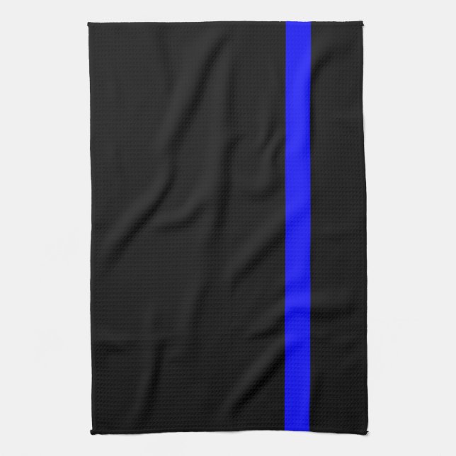 Symbolische dünne Blue Line auf einem schwarzen Geschirrtuch (Vertikal)