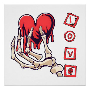 Symbolische Liebesskelett-Hand, die Herz anbietet Poster
