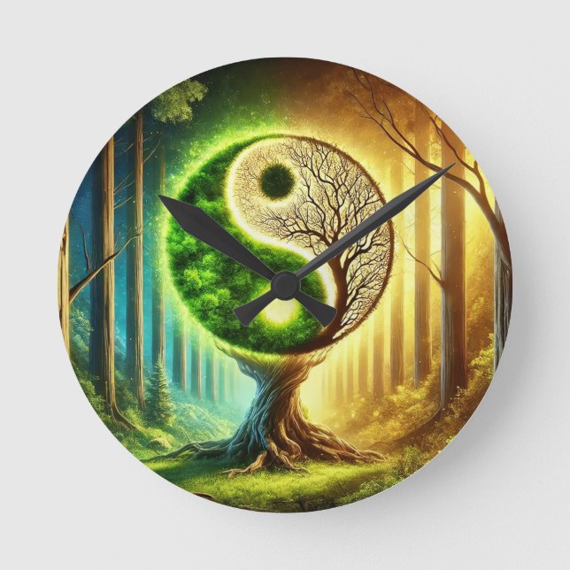 Symbolischer Baum mit Yin Yang Design Runde Wanduhr (Vorderseite)