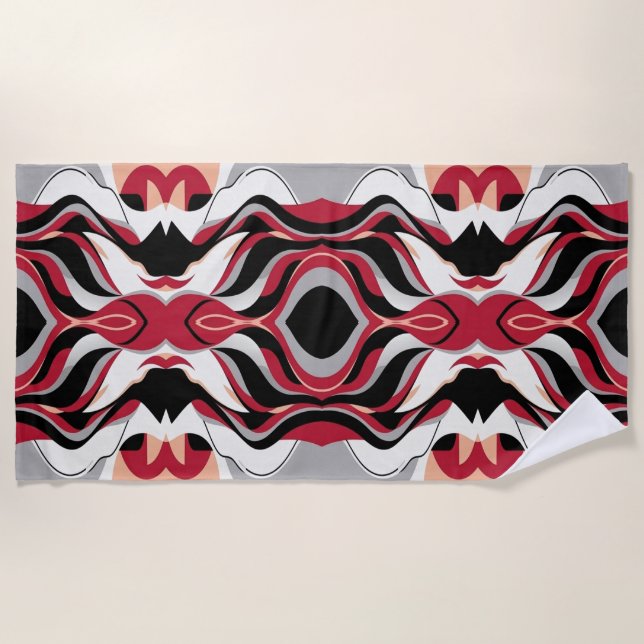 Symmetrical Red and Black Abstract Flow Pattern Strandtuch (Vorderseite)