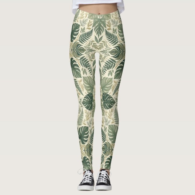 Symmetrical Sage Green Monstera Leaves  Leggings (Vorderseite)