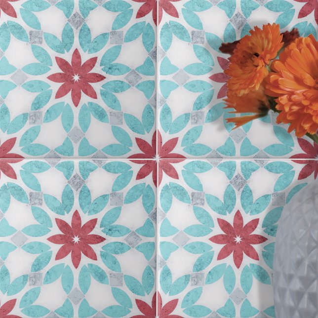 Symmetrisch florales Rotes Blau, grauer Stein, tex Fliese (Von Creator hochgeladen)