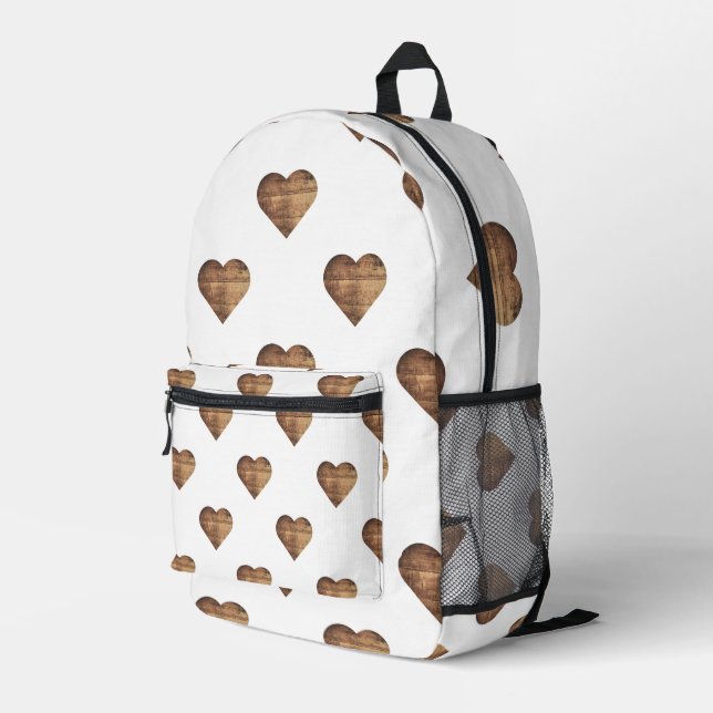Symmetrische große rustikale braune Holzherzen Bedruckter Rucksack (Rückseitige Ecke Rechts)