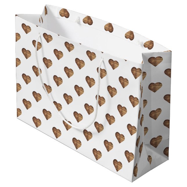 Symmetrische große rustikale braune Holzherzen Geschenktüte (Rückseite Schrägansicht)