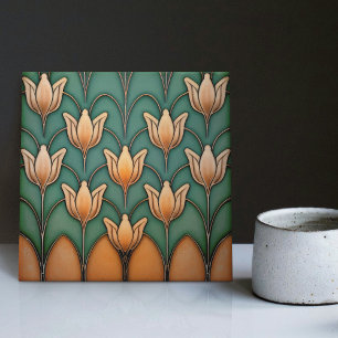 Symmetrische orange Tulpen Wanddekoration Art Deco Fliese