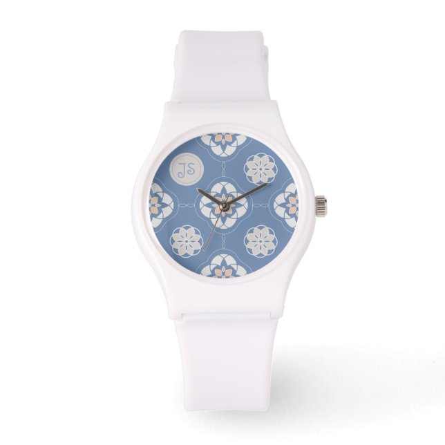 Symmetrisches Orange-Blume getechtes Muster auf bl Armbanduhr (Vorderseite)