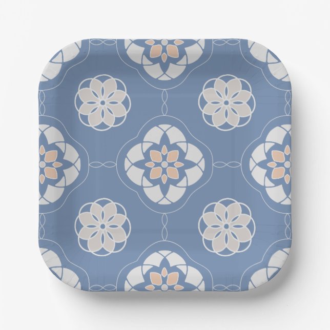Symmetrisches Orange-Blume-Muster auf blau Pappteller (Vorderseite)