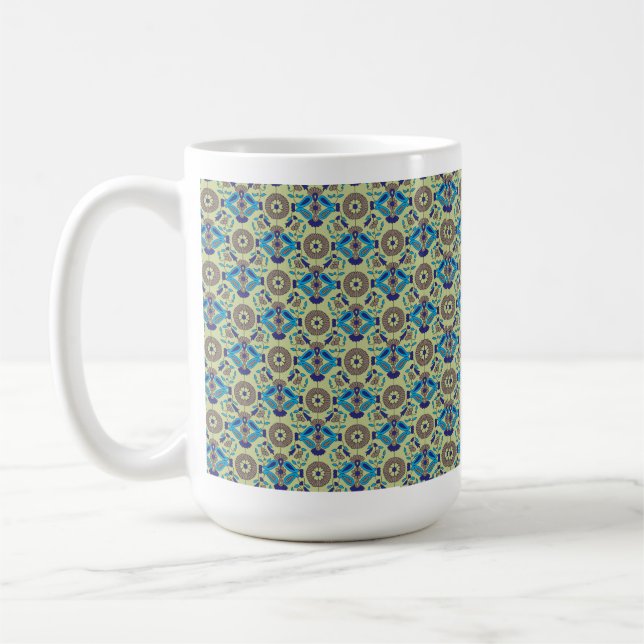 symmetrisches Textildesign mit blau und oder Kaffeetasse (Links)