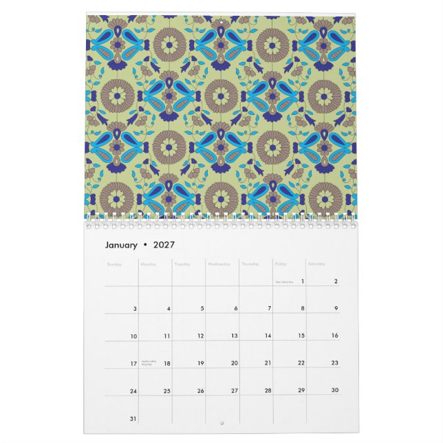 symmetrisches Textildesign mit blau und oder Kalender (Jan 2027)
