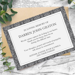 Sympathie Damask Silver Funeral Merci Cartes
