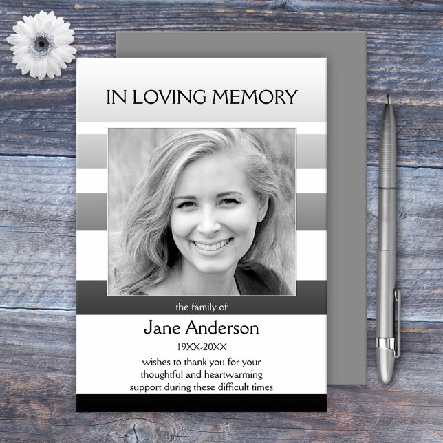 Sympathie rayée gris Carte de remerciements photo (A simple elegant memorial sympathy photo Thank You card with a custom photo on black white stripes)