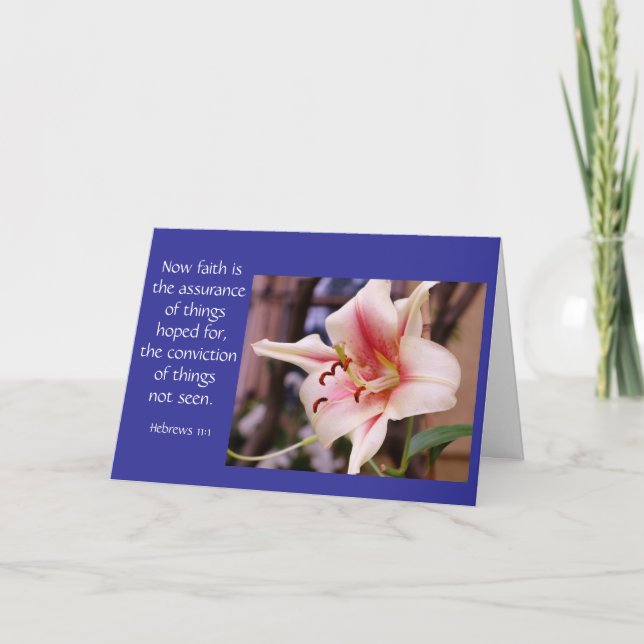 Sympathische Karte Pink Lily Bloom Bibel Vers auf  (Vorderseite)