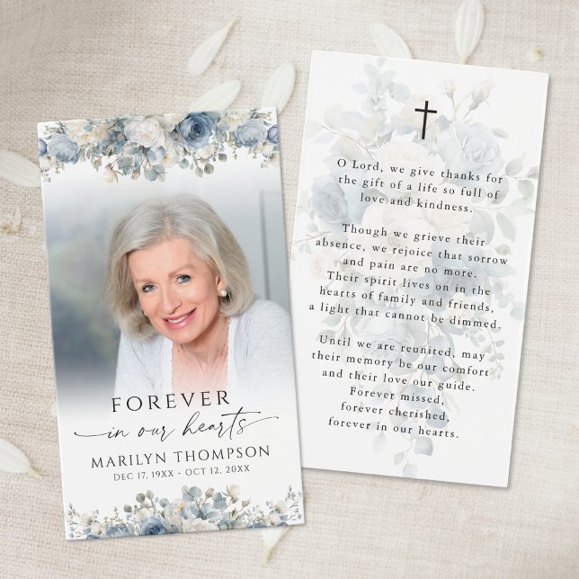Sympathy Blue Floral Photo Cross Prayer Card (Von Creator hochgeladen)