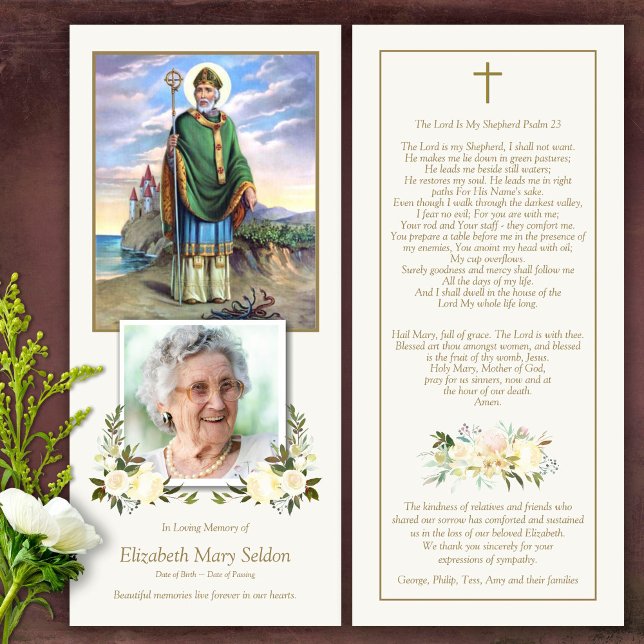 Sympathy Floral St Patrick Carte de remerciements  (Catholic, Religious, Celebration of Life, In Loving Memory of, Forever in our hearts, funeral cards)