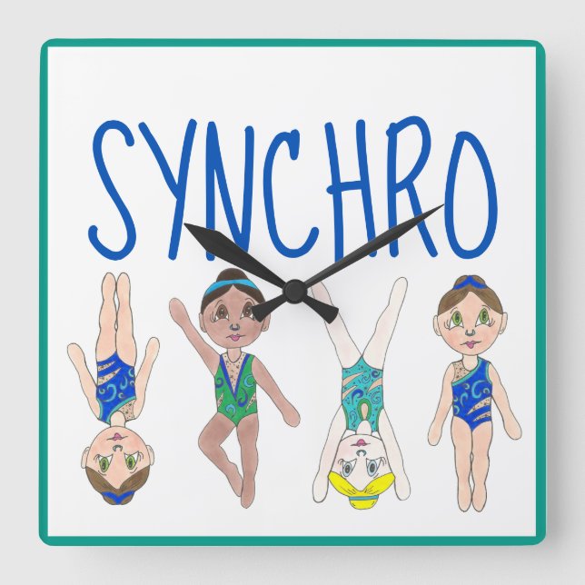 Synchronschwimmende Girls Swim Team Synchro Quadratische Wanduhr (Vorderseite)