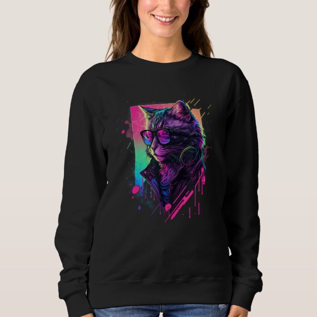 Synthwave Aesthetic Cat Vaporwave Cat  90s Retro C Sweatshirt (Vorderseite)